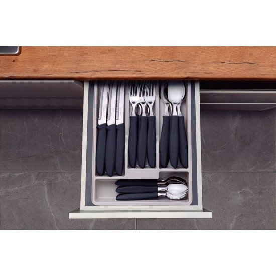 FAQUEIRO TRAMONTINA PLENUS COM LÂMINAS EM AÇO INOX E CABOS DE POLIPROPILENO CINZA COM GAVETEIRO 25 PEÇAS