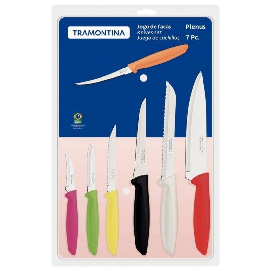 JOGO DE FACAS TRAMONTINA PLENUS COM LÂMINAS EM AÇO INOX E CABOS DE POLIPROPILENO COLORIDO 07 PEÇAS