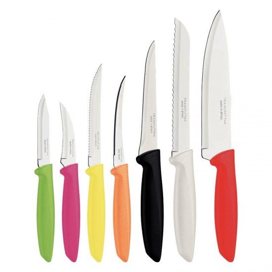 JOGO DE FACAS TRAMONTINA PLENUS COM LÂMINAS EM AÇO INOX E CABOS DE POLIPROPILENO COLORIDO 07 PEÇAS