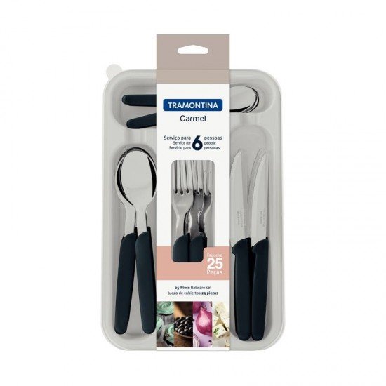 FAQUEIRO TRAMONTINA CARMEL COM LÂMINAS EM AÇO INOX E CABOS DE POLIPROPILENO NATURAL ESCURO 25 PEÇAS