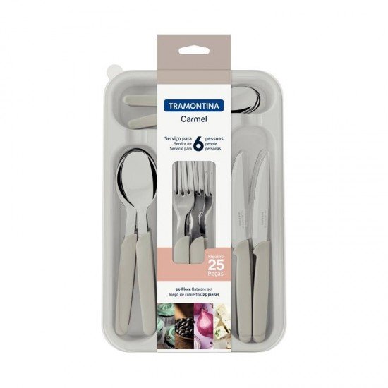 FAQUEIRO TRAMONTINA CARMEL COM LÂMINAS EM AÇO INOX E CABOS DE POLIPROPILENO NATURAL CLARO 25 PEÇAS