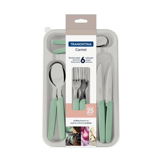 FAQUEIRO TRAMONTINA CARMEL COM LÂMINAS EM AÇO INOX E CABOS DE POLIPROPILENO TURQUESA CLARO 25 PEÇAS