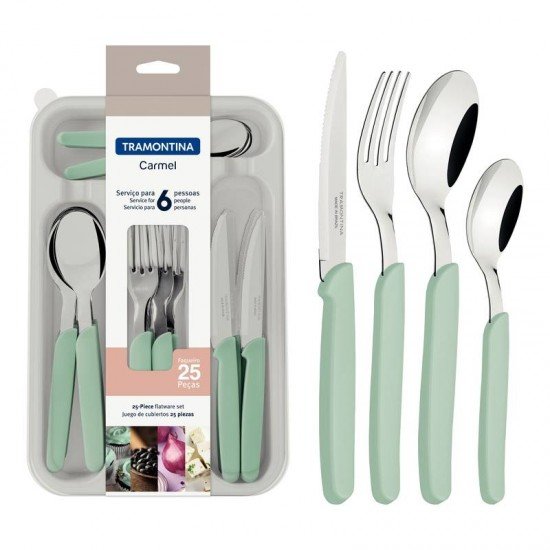 FAQUEIRO TRAMONTINA CARMEL COM LÂMINAS EM AÇO INOX E CABOS DE POLIPROPILENO TURQUESA CLARO 25 PEÇAS