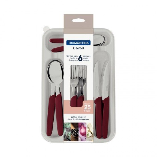 FAQUEIRO TRAMONTINA CARMEL COM LÂMINAS EM AÇO INOX E CABOS DE POLIPROPILENO CARMIM ESCURO 25 PEÇAS