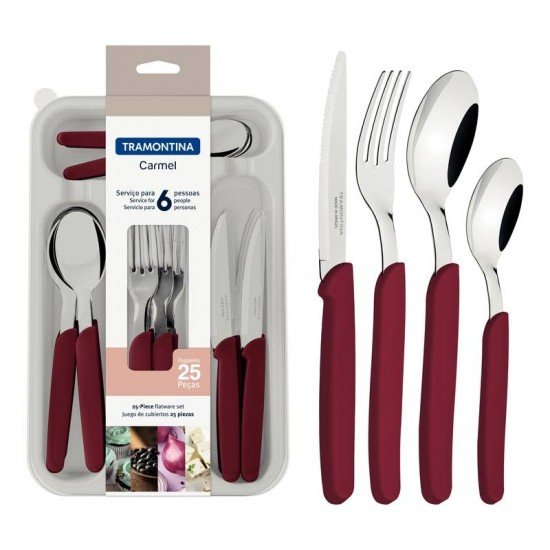 FAQUEIRO TRAMONTINA CARMEL COM LÂMINAS EM AÇO INOX E CABOS DE POLIPROPILENO CARMIM ESCURO 25 PEÇAS