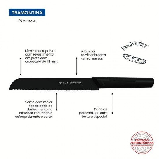 FACA PARA PÃO TRAMONTINA NYGMA COM LÂMINA EM AÇO INOX E CABO DE POLIPROPILENO TEXTURIZADO PRETO 8