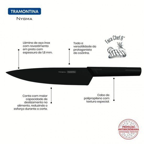 FACA CHEF TRAMONTINA NYGMA COM LÂMINA EM AÇO INOX E CABO DE POLIPROPILENO TEXTURIZADO PRETO 8