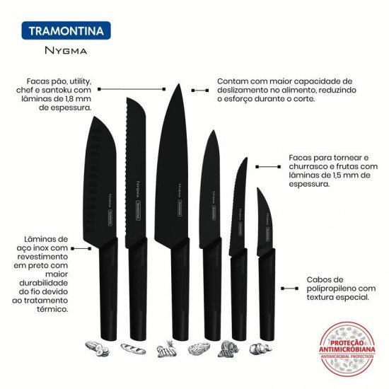 JOGO DE FACAS NYGMA LAMINAS EM AÇO INOX CABOS DE POLIPROPILENO TEXTURIZADOS PRETO 6 PEÇAS TRAMONTINA