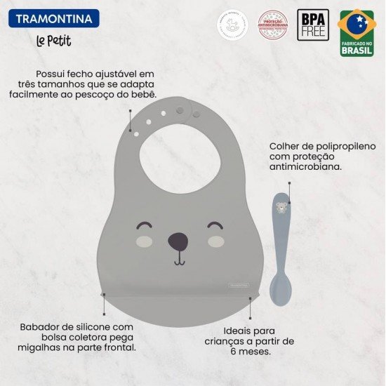 KIT BABADOR E COLHER INFANTIL TRAMONTINA LE PETIT CINZA 02 PEÇAS