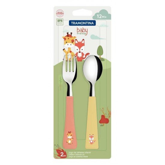 JOGO DE TALHERES INFANTIL TRAMONTINA BABY FRIENDS COM LÂMINAS DE AÇO INOX E CABOS DE POLIPROPILENO COLORIDO 02 PEÇAS