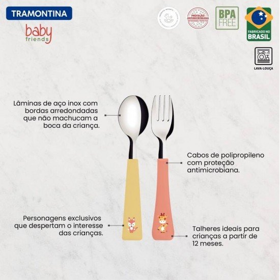JOGO DE TALHERES INFANTIL TRAMONTINA BABY FRIENDS COM LÂMINAS DE AÇO INOX E CABOS DE POLIPROPILENO COLORIDO 02 PEÇAS
