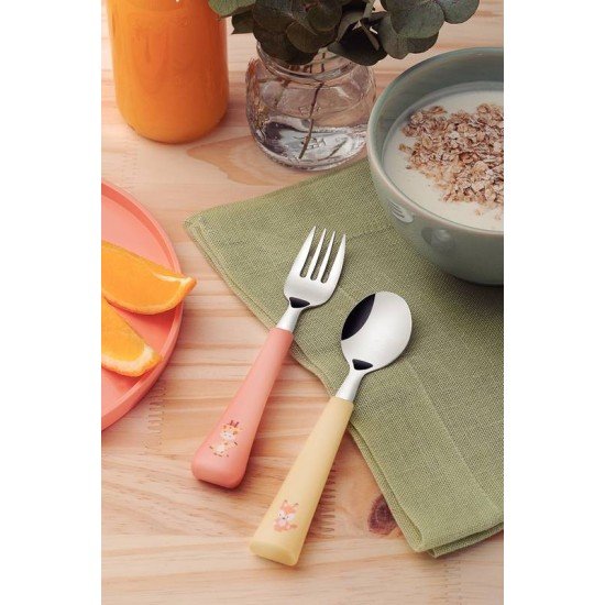 JOGO DE TALHERES INFANTIL TRAMONTINA BABY FRIENDS COM LÂMINAS DE AÇO INOX E CABOS DE POLIPROPILENO COLORIDO 02 PEÇAS