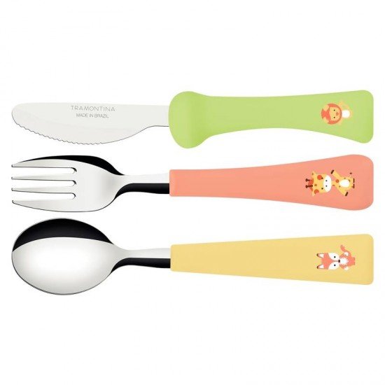 JOGO DE TALHERES INFANTIL TRAMONTINA BABY FRIENDS COM LÂMINAS DE AÇO INOX E CABOS DE POLIPROPILENO COLORIDO 03 PEÇAS