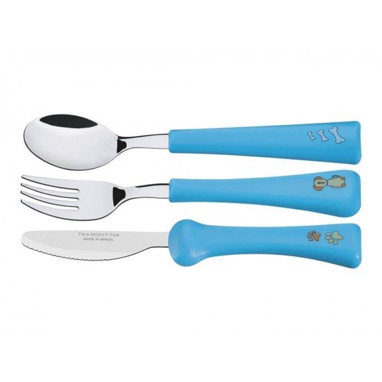 JOGO DE TALHERES 3 PC MY BEST FRIEND AZUL SORTIDOS LAMINAS ACO INOX E CABOS POLIPRO TRAMONTINA