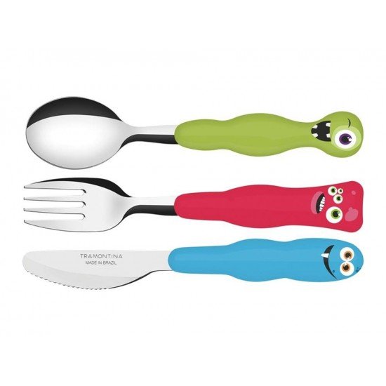 JOGO DE TALHERES 3 PC MONSTERKIDS MISTO SORTIDOS LAMINAS DE ACO INOX E CABOS DE POLIPRO TRAMONTINA