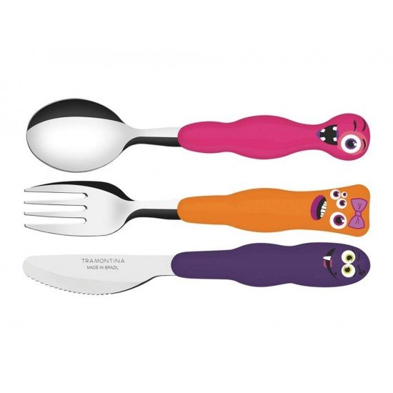 JOGO DE TALHERES 3 PC MONSTERKIDS MISTO SORTIDOS LAMINAS DE ACO INOX E CABOS DE POLIPRO TRAMONTINA