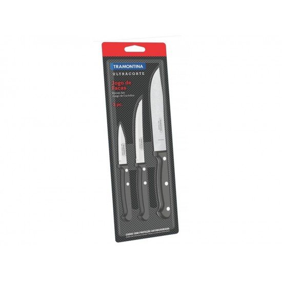 JOGO DE FACAS 3 PCS ULTRACORTE PRETO SORTIDOS COM LAMINAS ACO INOX E CABOS POLIPROPILENO TRAMONTINA