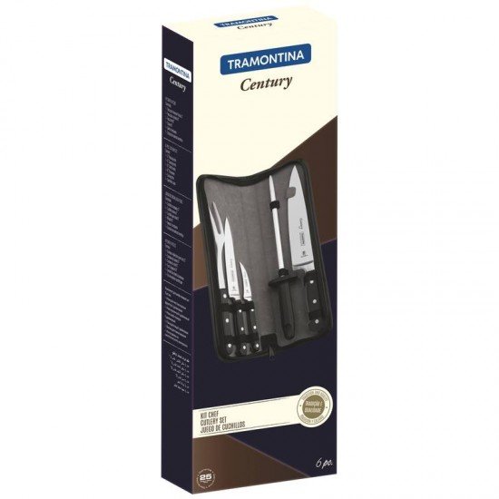 JOGO DE FACAS CENTURY LAMINAS AÇO INOX CABOS POLICARBONATO FIBRA DE VIDRO COM ESTOJO 6PC TRAMONTINA