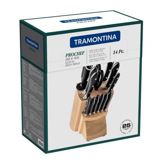 JOGO DE FACAS TRAMONTINA PROCHEF COM LÂMINAS EM AÇO INOX E CABOS DE POLICARBONATO E FIBRA DE VIDRO COM SUPORTE EM MADEIRA 14 PEÇAS