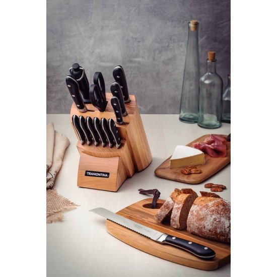 JOGO DE FACAS TRAMONTINA PROCHEF COM LÂMINAS EM AÇO INOX E CABOS DE POLICARBONATO E FIBRA DE VIDRO COM SUPORTE EM MADEIRA 14 PEÇAS
