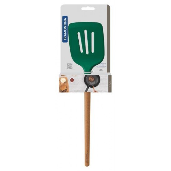 ESPATULA LIVE EM SILICONE VERDE COM CABO DE MADEIRA TRAMONTINA