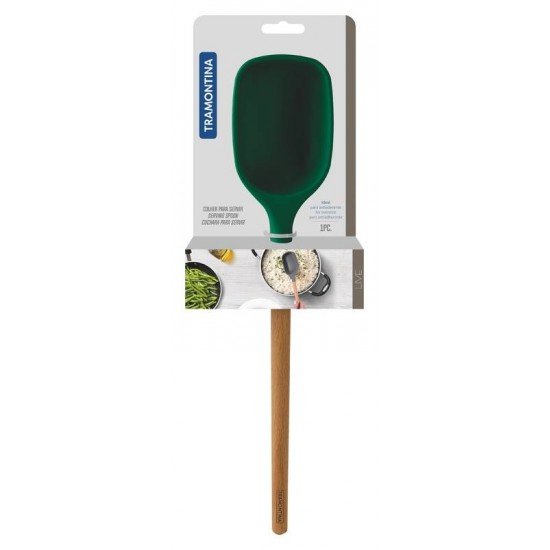COLHER DE SERVIR LIVE EM SILICONE VERDE COM CABO DE MADEIRA TRAMONTINA