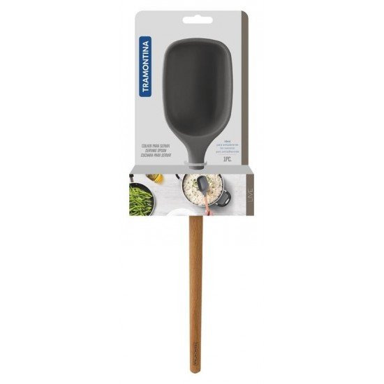 COLHER DE SERVIR LIVE EM SILICONE CINZA COM CABO DE MADEIRA TRAMONTINA
