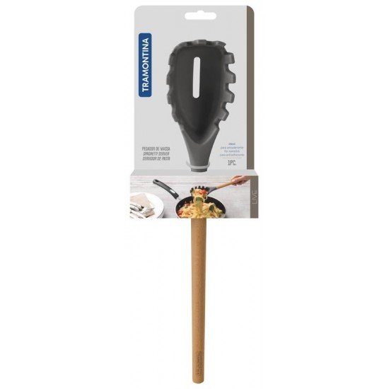 PEGADOR DE MASSA LIVE EM SILICONE CINZA COM CABO DE MADEIRA TRAMONTINA