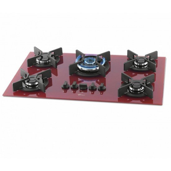 FOGAO COOKTOP FISCHER 5 BOCAS TRIPLA CHAMA INFINITY GAS MESA VIDRO VERMELHO ROUGE