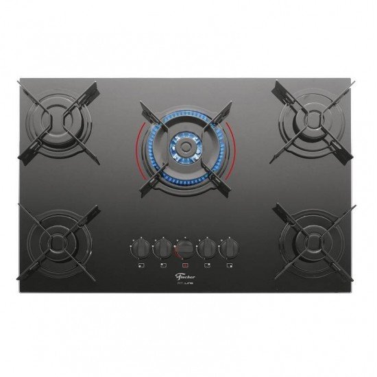 FOGAO COOKTOP FISCHER 5Q FIT LINE GAS TRIPLA CHAMA MESA VIDRO PRETO