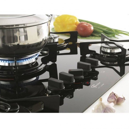 FOGAO COOKTOP FISCHER 5Q FIT LINE GAS TRIPLA CHAMA MESA VIDRO PRETO