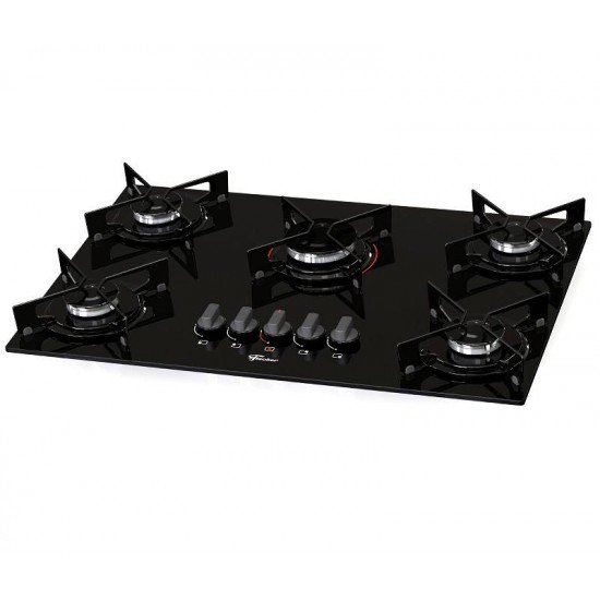 FOGAO COOKTOP FISCHER 5 QUEIMADORES FIT LINE GAS MESA VIDRO PRETO
