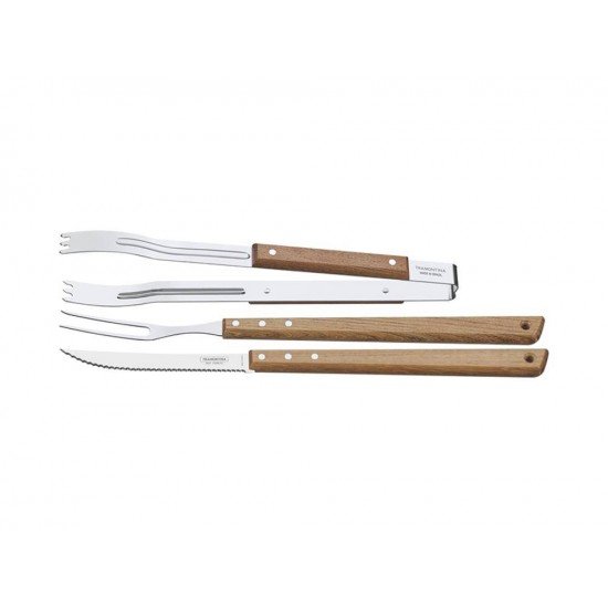 JOGO PARA CHURRASCO 3 PEÇAS SORTIDOS COM LAMINAS DE ACO INOX E CABOS DE MADEIRA TRAMONTINA