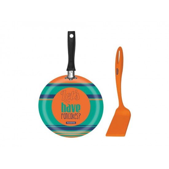 PANQUEQUEIRA TAPIOQUEIRA 22CM MAIS ESPATULA LARANJA ALU COM REVES ANTIADERENTE E SILICONE TRAMONTINA