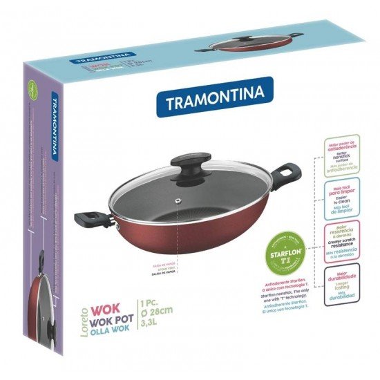 WOK LORETO EM ALUMINIO ANTIADERENTE STARFLON T1 TAMPA DE VIDRO VERMELHA 28 CM 3,3 L TRAMONTINA