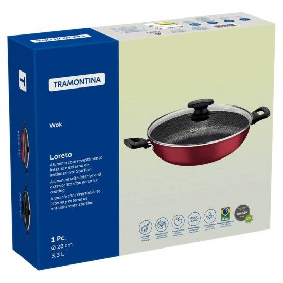WOK TRAMONTINA LORETO EM ALUMÍNIO COM REVESTIMENTO INTERNO E EXTERNO EM ANTIADERENTE STARFLON MAX GRAFITE 28 CM 3,3 L