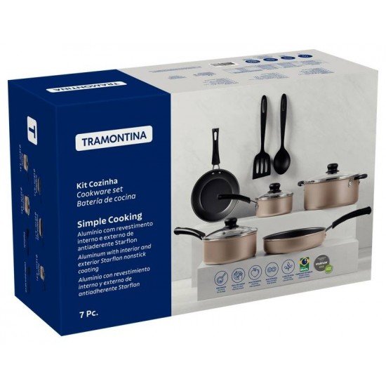 KIT COZINHA TRAMONTINA SIMPLE COOKING EM ALUMÍNIO COM REVESTIMENTO INTERNO E EXTERNO EM ANTIADERENTE STARFLON MAX CHAMPAGNE 07 PEÇAS