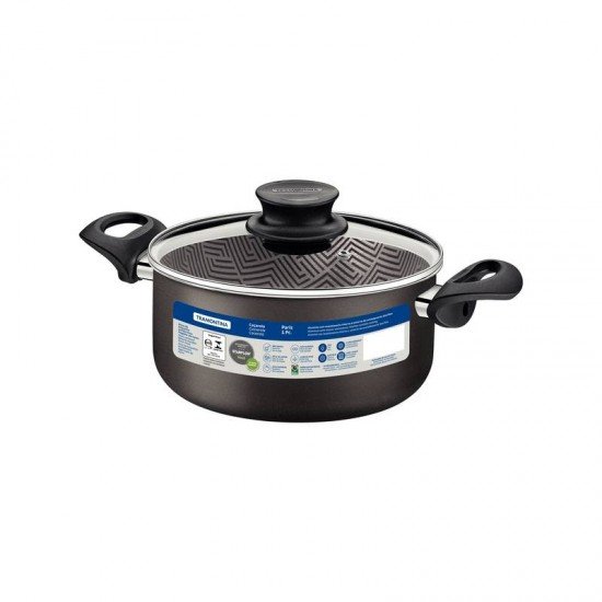 CAÇAROLA TRAMONTINA PARIS EM ALUMÍNIO COM REVESTIMENTO INTERNO E EXTERNO EM ANTIADERENTE STARFLON MAX CHUMBO COM TAMPA DE VIDRO 18 CM 2,1 L