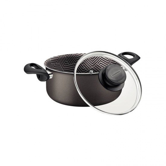 CAÇAROLA TRAMONTINA PARIS EM ALUMÍNIO COM REVESTIMENTO INTERNO E EXTERNO EM ANTIADERENTE STARFLON MAX CHUMBO COM TAMPA DE VIDRO 18 CM 2,1 L
