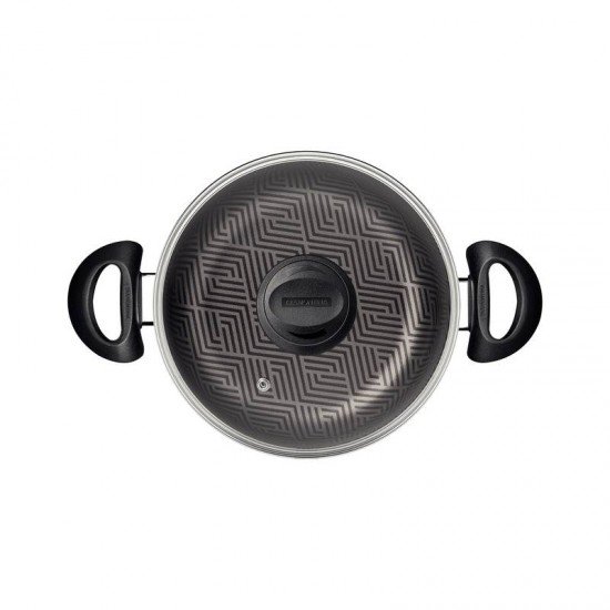 CAÇAROLA TRAMONTINA PARIS EM ALUMÍNIO COM REVESTIMENTO INTERNO E EXTERNO EM ANTIADERENTE STARFLON MAX CHUMBO COM TAMPA DE VIDRO 20 CM 2,9 L