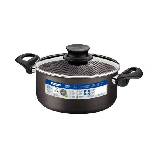 CAÇAROLA TRAMONTINA PARIS EM ALUMÍNIO COM REVESTIMENTO INTERNO E EXTERNO EM ANTIADERENTE STARFLON MAX CHUMBO COM TAMPA DE VIDRO 22 CM 3,8 L