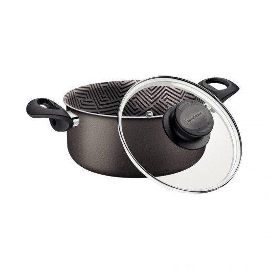 CAÇAROLA TRAMONTINA PARIS EM ALUMÍNIO COM REVESTIMENTO INTERNO E EXTERNO EM ANTIADERENTE STARFLON MAX CHUMBO COM TAMPA DE VIDRO 22 CM 3,8 L
