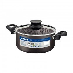CAÇAROLA TRAMONTINA PARIS EM ALUMÍNIO COM REVESTIMENTO INTERNO E EXTERNO EM ANTIADERENTE STARFLON MAX CHUMBO COM TAMPA DE VIDRO 24 CM 4,9 L