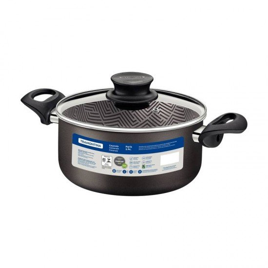 CAÇAROLA TRAMONTINA PARIS EM ALUMÍNIO COM REVESTIMENTO INTERNO E EXTERNO EM ANTIADERENTE STARFLON MAX CHUMBO COM TAMPA DE VIDRO 24 CM 4,9 L