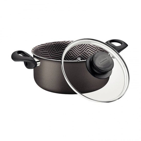 CAÇAROLA TRAMONTINA PARIS EM ALUMÍNIO COM REVESTIMENTO INTERNO E EXTERNO EM ANTIADERENTE STARFLON MAX CHUMBO COM TAMPA DE VIDRO 24 CM 4,9 L