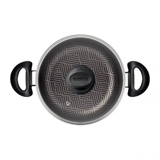 CAÇAROLA TRAMONTINA PARIS EM ALUMÍNIO COM REVESTIMENTO INTERNO E EXTERNO EM ANTIADERENTE STARFLON MAX CHUMBO COM TAMPA DE VIDRO 24 CM 4,9 L