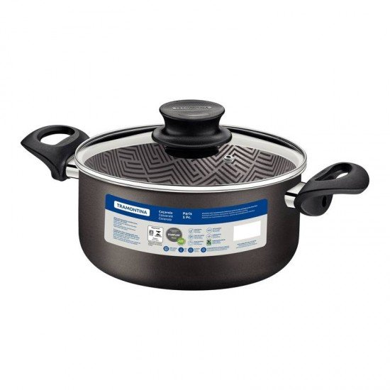 CAÇAROLA TRAMONTINA PARIS EM ALUMÍNIO COM REVESTIMENTO INTERNO E EXTERNO EM ANTIADERENTE STARFLON MAX CHUMBO COM TAMPA DE VIDRO 26 CM 6,3 L