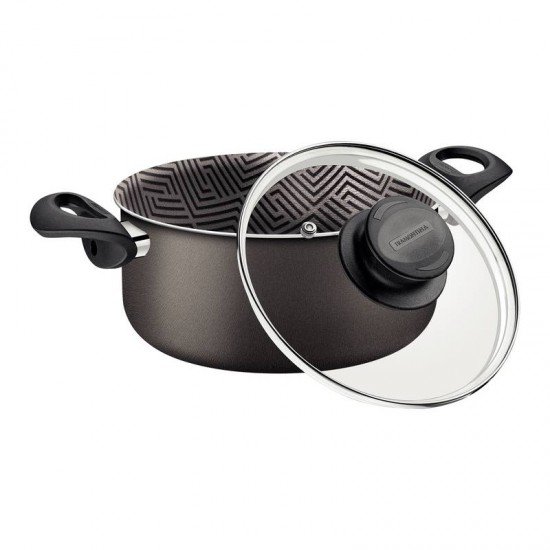 CAÇAROLA TRAMONTINA PARIS EM ALUMÍNIO COM REVESTIMENTO INTERNO E EXTERNO EM ANTIADERENTE STARFLON MAX CHUMBO COM TAMPA DE VIDRO 26 CM 6,3 L