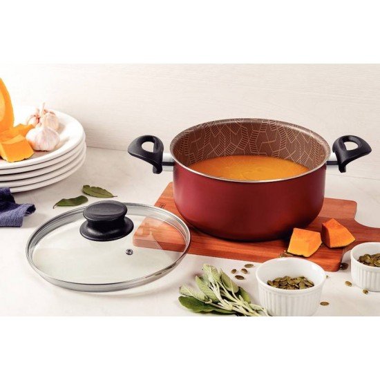 CAÇAROLA TRAMONTINA PARIS EM ALUMÍNIO COM REVESTIMENTO INTERNO E EXTERNO EM ANTIADERENTE STARFLON MAX VERMELHO COM TAMPA DE VIDRO 24 CM 4,9 L