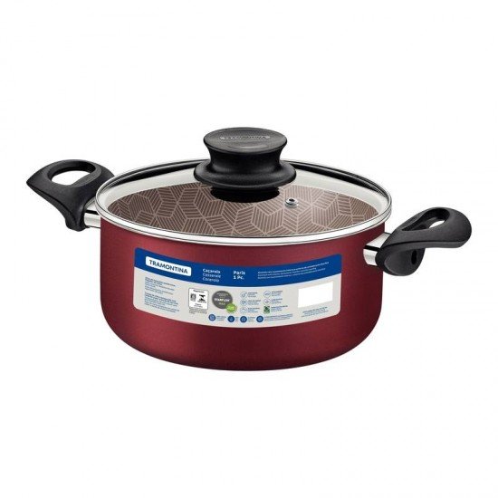 CAÇAROLA TRAMONTINA PARIS EM ALUMÍNIO COM REVESTIMENTO INTERNO E EXTERNO EM ANTIADERENTE STARFLON MAX VERMELHO COM TAMPA DE VIDRO 26 CM 6,3 L